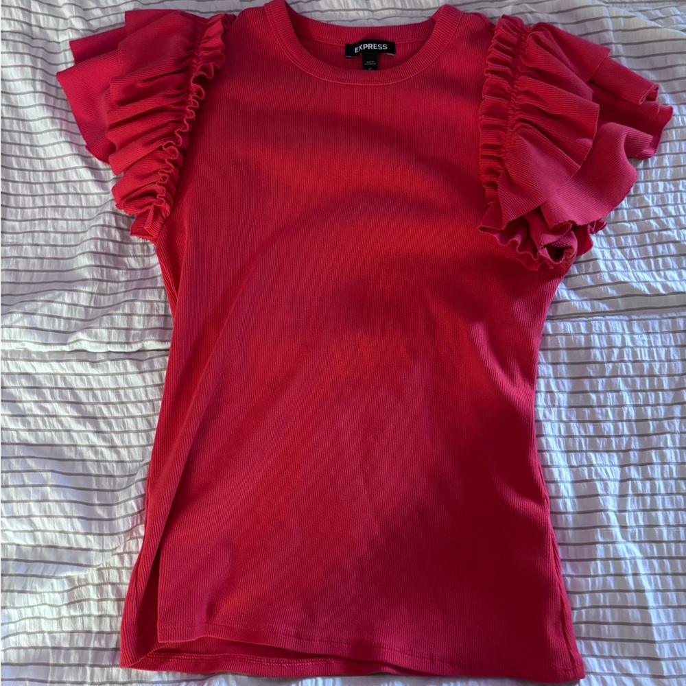 Express Women's Vibrant Pink Ruffle Sleeve Tee